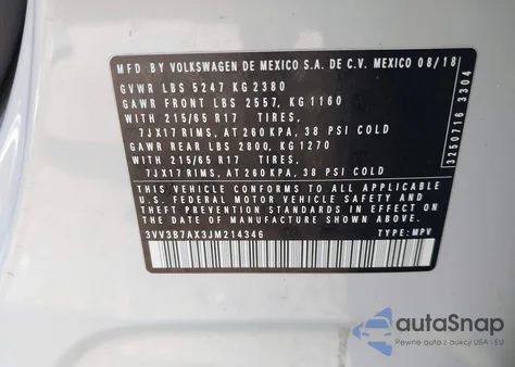 2018 Volkswagen Tiguan 2.0T Se/2.0T Sel from USA, damaged, VIN 3VV3B7AX3JM214346